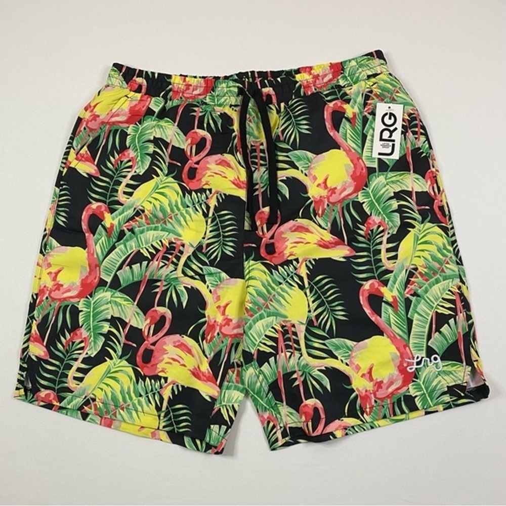 LRG Men’s Black Tropical Flamingo Swim Shorts - Yellow & Pink Print